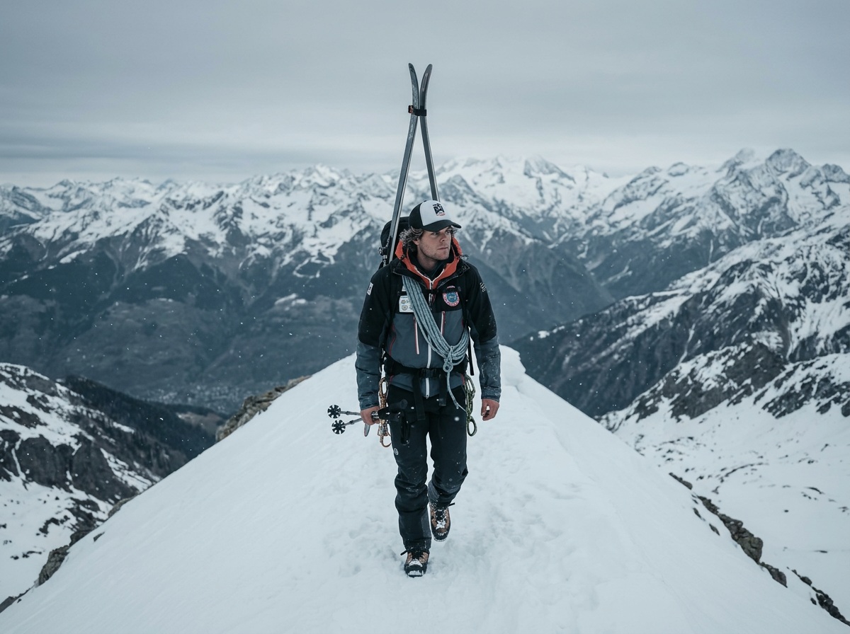 Walker on a high ridge above snow-covered peaks