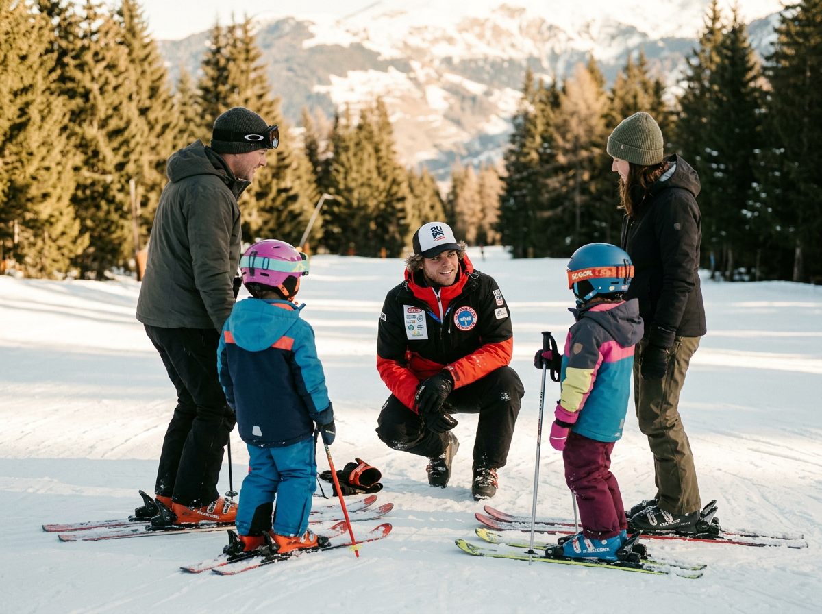 Family skiing together on a sunlit slope