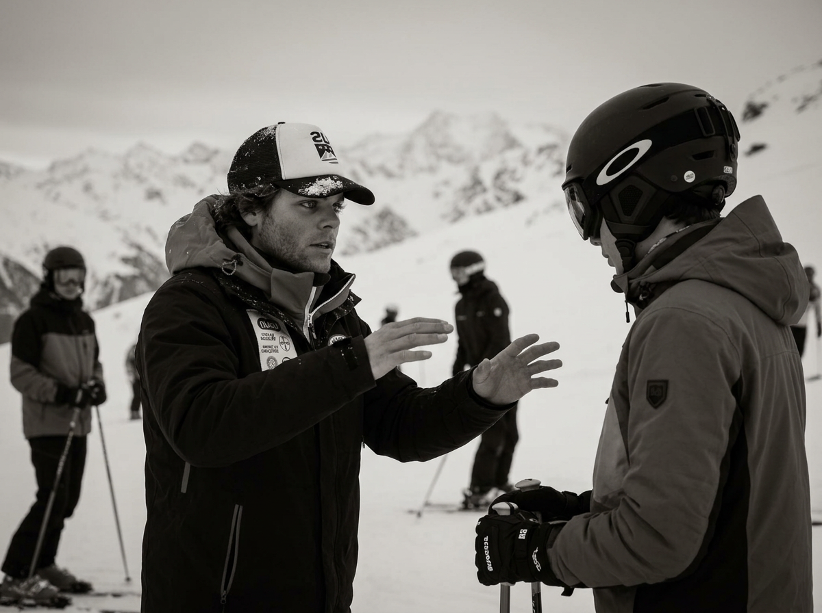 Ski coach giving technical feedback on a groomed piste