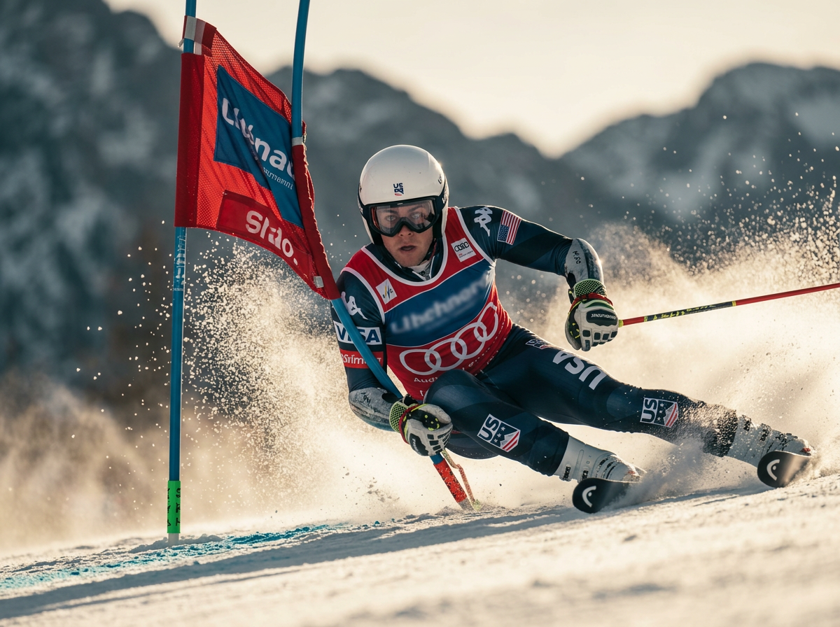 Ski racer carving past a giant slalom gate