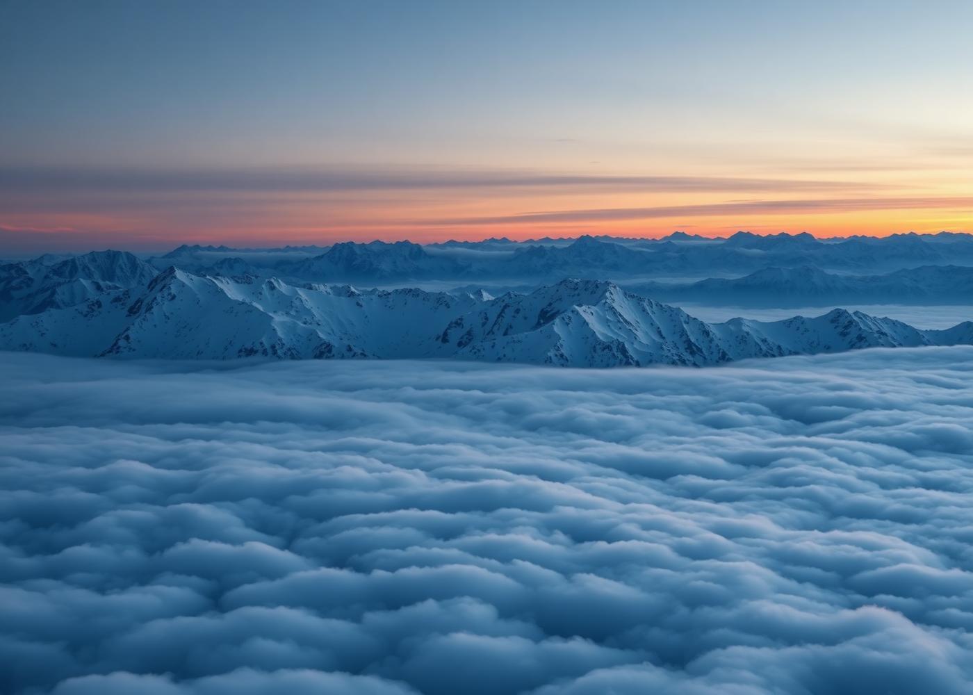 Snow-covered peaks above a sea of clouds at sunset