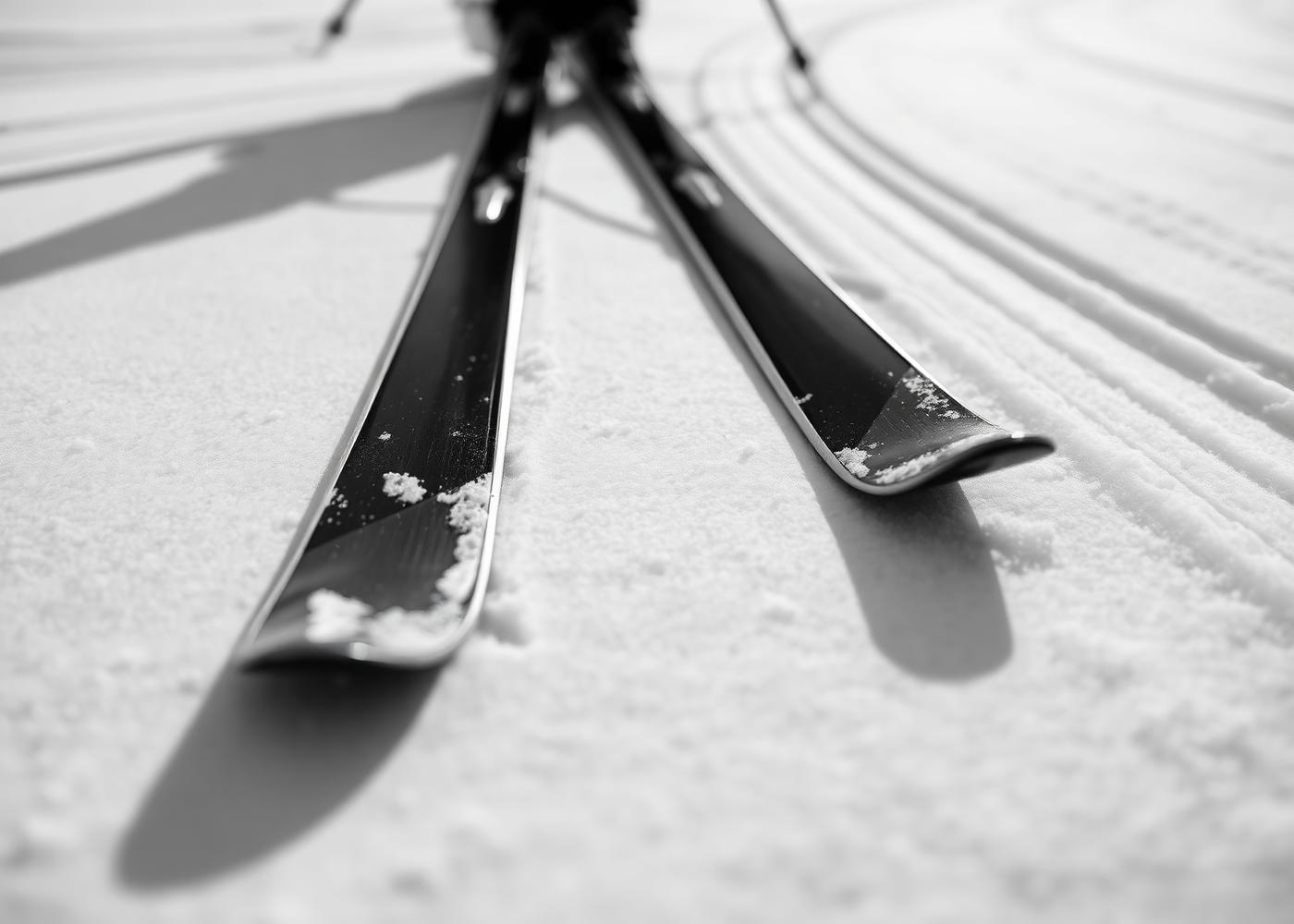 Close detail of ski edges on hard snow