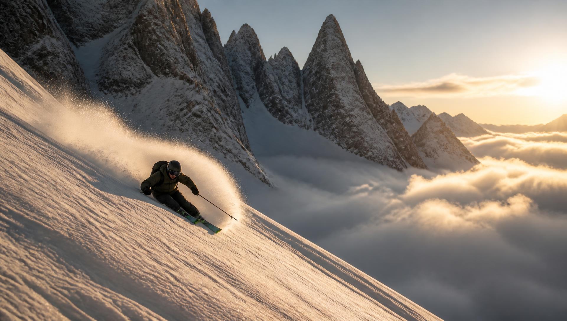 Skier carving a steep alpine slope at sunrise above a sea of clouds